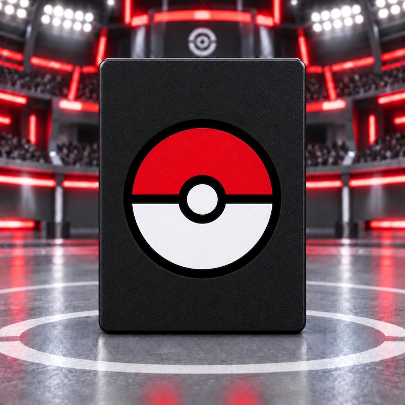 Pu&ograve; includere: Una custodia rettangolare in metallo nero con una grafica circolare centrata di una Pok&eacute; Ball rossa e bianca con un contorno nero e un piccolo cerchio bianco al centro, su uno sfondo di stadio sfocato con illuminazione rossa.