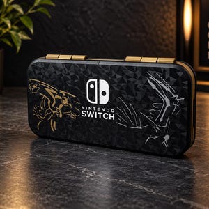 May include: A black Nintendo Switch carrying case with a geometric pattern, featuring a gold-colored dragon illustration on the left and a white dragon illustration on the right, with the white Nintendo Switch logo centered on the front surface.