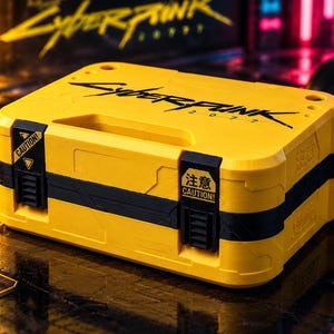 Può includere: Una custodia rettangolare giallo brillante con il logo nero di Cyberpunk 2077 sul coperchio. La custodia presenta una fascia orizzontale nera, due chiusure a scatto nere ed etichette di avvertenza gialle con il testo Caution e caratteri.