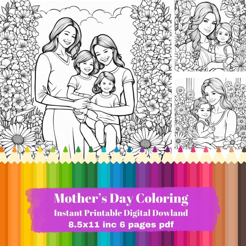 Mother's Day Coloring Instant Printable Digital Dowland Etsy