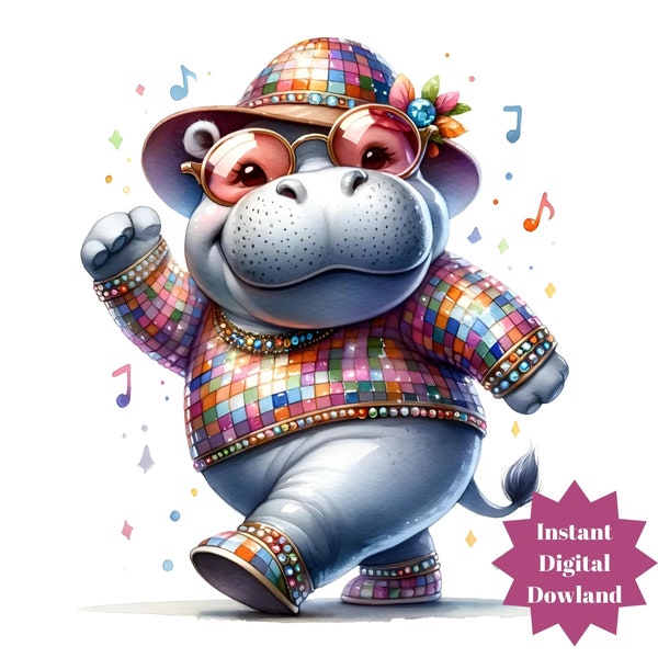 Hippo rockt im klassischen 80er-Jahre-Outfit Clipart Digital Dowland