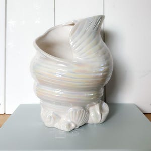 Vintage Iridescent White Ceramic Shell Nautical Beach Coastal Decor Conch Vase Planter
