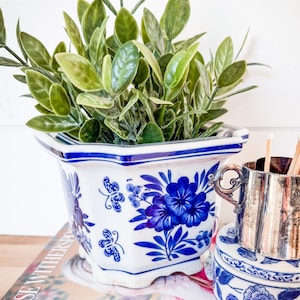 Vintage Chinoiserie Porcelain Cachepot Planter, Hexagonal Bird and Floral Flower Pot