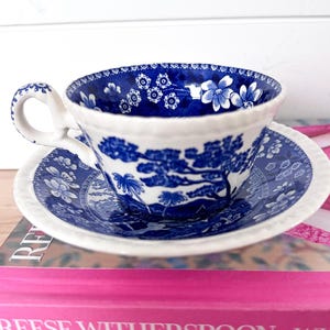 May include: A blue and white teacup and saucer set with a detailed landscape design. The teacup has a handle and a floral pattern around the rim. The saucer has a matching design. The set is placed on top of two books with pink covers.