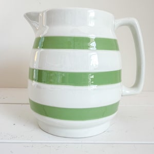 Vintage Irish Earthenware Pitcher, Colleen Pattern, Green White Striped Cornishware, Carrigaline Pottery, Molded Pour Spout
