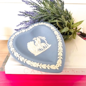Wedgwood England Blue Jasperware Heart Trinket Dish, Pegasus & Greek Hero Bas-Relief, Matte Cobalt
