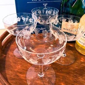Set of 4 Vintage Elegant Glass Champagne Coupes, Grape and Vine Etched Crystal Stemware