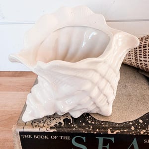 Vintage White Ceramic Conch Shell Planter, Nautical Shell Cachepot Flower Pot