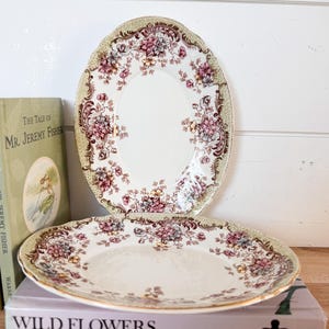 May include: Two antique oval and round plates with floral patterns. The plates have a cream-colored center with pink, purple, and yellow flowers. The rims are a light green with a decorative design and gold trim. The plates are stacked on a book.