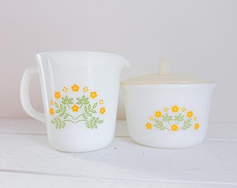 Vintage Pyrex Summer Impressions Creamer and Sugar Bowl Set, Milk Glass Tableware