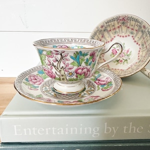 Vintage Shelley Rose Pansy Forget-Me-Not Ludlow Shape Tea Cup and Saucer, Fine Bone China, Made in England, Footed Tea Cup, Light Blue Trim.