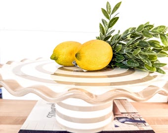 Coton Colors by Laura Johnson Signature White and Beige Stripe Ruffle Cake Stand