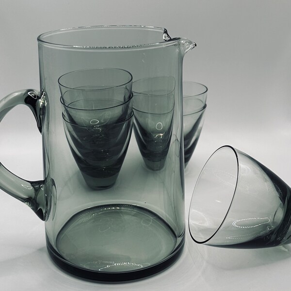 Holmegaard MCM Smoke Gray Glass Pitcher and Six Glasses.