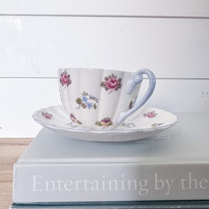 Vintage Shelley Rose Pansy Forget-Me-Not Ludlow Shape Tea Cup and Saucer, Fine Bone China, Made in England, Footed Tea Cup, Light Blue Trim.