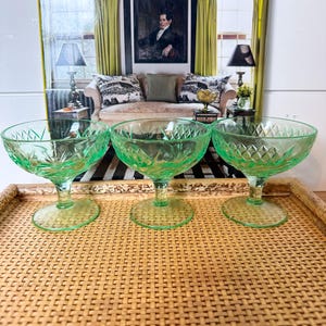 Beautiful Set of Three Vintage Floral and Diamond Uranium Glass Champagne Sherbet Glasses | Mint Florida Jade Green