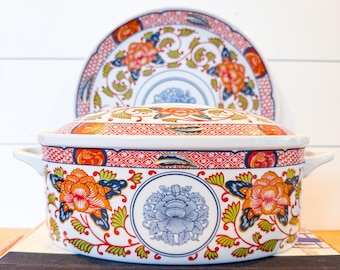 Vintage Georges Briard Peony Imari Floral Style Oval Covered Casserole Dish