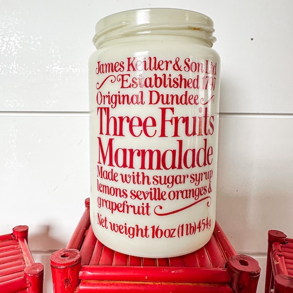 Vintage James Keiller Original Red and Cream Three Fruit Dundee Milk Glass Marmalade Jar, Great Britain Farmhouse Kitchen, Cottage