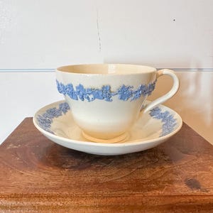 Wedgwood Queensware Etruria and Barlaston Embossed Queen’s Ware Teacup and Saucer French Blue on Cream With Shell Edge England