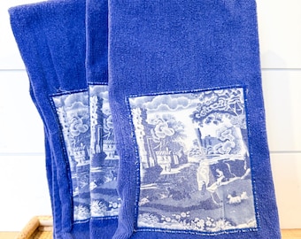 Set of Three Vintage Spode Royal Blue and White Hand Towels, Appliqué Guest Towel