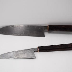 San Mai Gyuto and Petty 195mm and 135mm Knife Set Hand Made Forged Wrought Iron Cladding 1075 Core Combo Deal Chef Knife Wenge Handle