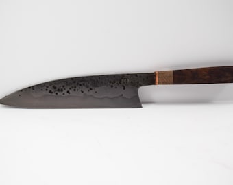 1095 Gyuto Forged Hamon Hand Made Walnut Handle Copper Ferrule Chef Knife 7.5" 190mm Edge Hidden Tang Differentially Hardened Carbon Steel