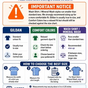 May include: A T-shirt size notice infographic with an orange warning icon. It details fit guidelines for Gildan, Comfort Colors, and Wash/Mineral Wash styles, including instructions to measure width and length to determine the best fit for the garment.