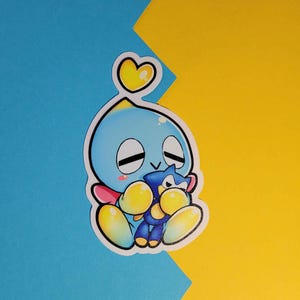 Chao loves his Sonic Plushie!, transparent background medium sticker
