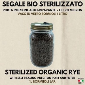 Puede incluir: Un frasco de vidrio transparente lleno de centeno orgánico esterilizado. El frasco tiene una tapa dorada con un puerto de inyección autorreparable y un filtro de micras. El texto en el frasco dice "STERILIZED ORGANIC RYE" y "1L BORMIIOLI JAR".