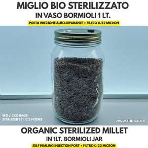 Puede incluir: Un frasco de vidrio Bormioli transparente de 1 litro lleno de mijo orgánico esterilizado. La tapa metálica cuenta con un puerto de inyección autorreparable y un filtro de 0.22 micras. El texto en la tapa indica un diámetro de 86 mm.