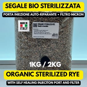 Puede incluir: Una bolsa transparente llena de centeno esterilizado orgánico, con un puerto de inyección autorreparable y filtro. La bolsa tiene texto que incluye "Organic Sterilized Rye" e instrucciones. Está etiquetada "Made in Italy" y pesa 1KG/2KG.