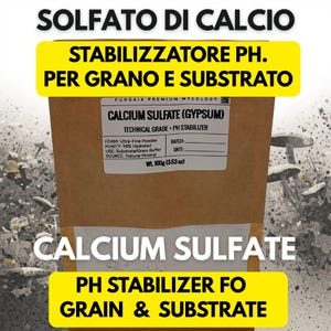 Può includere: Un sacchetto di carta marrone con il testo "CALCIUM SULFATE (GYPSUM)" e "PH STABILIZER FO GRAIN & SUBSTRATE". La borsa include anche il testo "Wt. 100g (3.53 oz)".