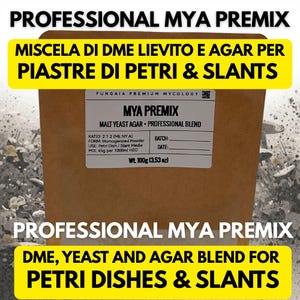 Może przedstawiać: Brązowe papierowe opakowanie z napisem "MYA PREMIX" z tekstem w języku angielskim i włoskim. Opakowanie zawiera profesjonalną mieszankę agaru słodowego i drożdżowego do szalek Petriego i skosów. Waga wynosi 100g.