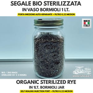 Pode incluir: Um frasco de vidro Bormioli transparente de 1 litro preenchido com grãos de centeio orgânico esterilizado. A tampa metálica possui uma porta de injeção auto-reparável preta e um filtro de 0,22 mícron. O texto inclui 'MADE IN ITALY' e 'ORGANIC STERILIZED RYE'.