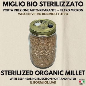 Puede incluir: Un frasco de vidrio transparente lleno de mijo orgánico esterilizado. El frasco tiene una tapa dorada con un tapón blanco y negro. El texto en el frasco dice "STERILIZED ORGANIC MILLET" y "1L BORMIIOLI JAR". Hecho en Italia.