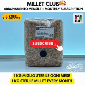Puede incluir: Una bolsa de plástico transparente llena de mijo orgánico esterilizado, con un puerto de inyección negro en la parte frontal. Una etiqueta blanca muestra el texto Organic Sterilized Millet, Ready to Inoculate, junto con instrucciones y un código QR.