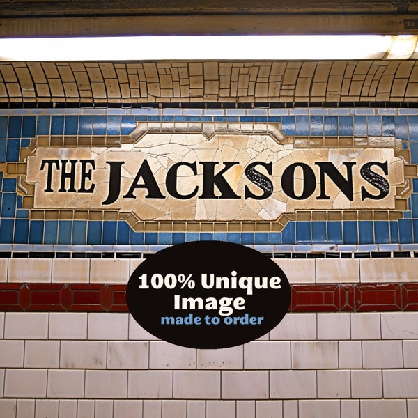 Nom de famille | Style de la station de métro Old New York | Impression personnalisée 100 % originale | Plaque nominative numérique pour couple | Décoration murale personnalisée