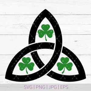 May include: A black triquetra knot symbol featuring three green shamrocks centered within each of the three loops. The design includes the text SVG | PNG | JPG | EPS at the bottom, indicating available file formats for this graphic illustration.
