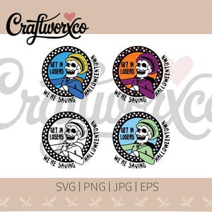 Puede incluir: Cuatro diseños circulares con temática de Halloween que presentan un esqueleto con sombrero y chaqueta. Cada diseño tiene el texto "Get in Losers, We're Saving Halloweentown". Los diseños están en esquemas de color azul, naranja, blanco y verde.