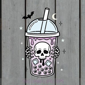May include: A digital illustration of a light purple bubble tea cup with a dome lid and straw. A white skull is centered on the cup, held by two skeletal hands. The design includes ice cubes, dark boba pearls, a small bat, a crescent moon, and stars.