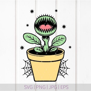 May include: A graphic illustration of a green Venus flytrap plant with a pink tongue inside a yellow flower pot. The plant is surrounded by black star shapes and spider webs on both sides. The text SVG | PNG | JPG | EPS is at the bottom.