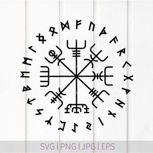 May include: A black graphic design featuring the Vegvisir symbol at the center, surrounded by a circular border of runic characters. The design is presented as a digital file format, with the text SVG, PNG, JPG, and EPS visible at the bottom.