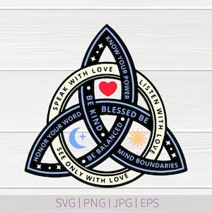 Könnte beinhalten: Eine Triquetra-Knotengrafik mit schwarzen Umrissen und cremefarbenen Segmenten. Der Text umfasst: SPEAK WITH LOVE, KNOW YOUR POWER, LISTEN WITH LOVE, MIND BOUNDARIES, SEE ONLY WITH LOVE, HONOR YOUR WORD, BE KIND, BLESSED BE, BE BALANCED. Enthält ein rotes Herz, einen blauen Mond und eine gelbe Sonne.