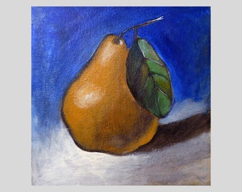 Pear And A Leaf - original painting fine art unique hand painted anton maliar square yellow blue physical item