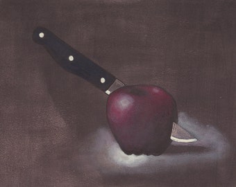 Messer im Apfel - Originalkunst Acrylmalerei auf Tafel Stillleben figürlich klassisch akademisch Feine Kunst Physisches Objekt