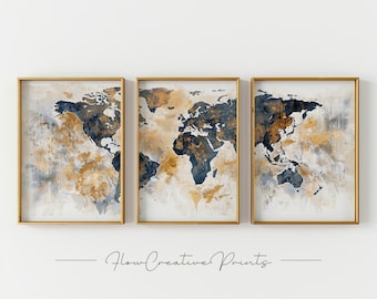 Weltkarte 3 Art Print Set - Antikes druckbares Poster Geschenk, trendige Wandkunst als digitaler Download zum Drucken und Einrahmen