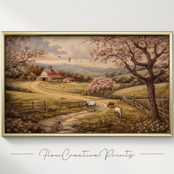 Springtime Bliss: Digital Farm Life Illustration - Farmers, Grazing Animals, Blossoming Barns - Nostalgic Countryside Art - Instant Download