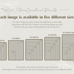 May include: A chart showing five different sizes for digital prints, with the dimensions listed in inches and centimetres. The sizes are 3:4 ratio, 3:4 inch, 4:5 ratio, 2:3 ratio, and 5:7 ratio (A1-A4). The text states that the greatest ratio is the maximum size of the print and that with larger prints, the quality may be affected.