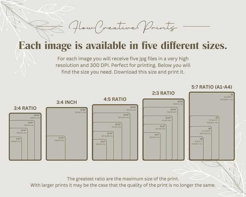 May include: A chart showing five different sizes for digital prints, with the dimensions listed in inches and centimetres. The sizes are 3:4 ratio, 3:4 inch, 4:5 ratio, 2:3 ratio, and 5:7 ratio (A1-A4). The text states that the greatest ratio is the maximum size of the print and that with larger prints, the quality may be affected.
