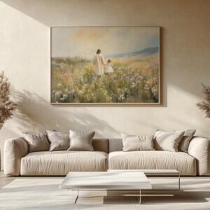May include: A painting depicting a woman and a young girl walking through a field of wildflowers. The woman is wearing a white dress and the girl is wearing a pink dress. The painting is set against a backdrop of a blue sky and green hills.