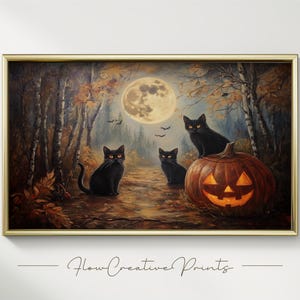 Vintage Cats and Pumpkin under Full Moon - Mystical Halloween Wall Art | Spooky Season Printable | Cottagecore & Dark Academia Decor